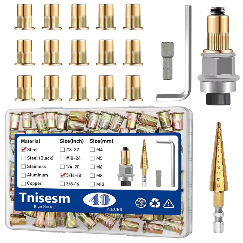 Tnisesm 40Pcs 5/16 Rivet Nut Installation Tool Set, 5/16-18 Carbon Steel Zinc Flat Head Riveter Nutsert Tool Kit - Image 1